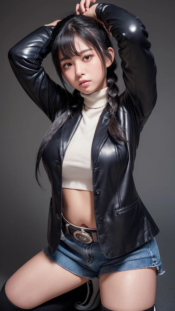 (8k, Highest quality, masterpiece:1.2),\(Narrow eyes),(\(Garment Details\)\),Cowboy Shot,(Huge breasts) ,Very detailedなCG Unity 8k 巨大なファイルサイズ,Very detailed,High resolution,Absurd,Beautiful Eyes,Ray Tracing,Dramatic Shadows,finely,Hyper Detail,(1 girl:1.3),(alone)、(Black Hair),((Long twin tails))、((School uniform、Black Leather Blazer))、blush、Sweat、Thick thighs、hot、((Haa))、((Simple Background))、Wide Hips、sexy、A little plump、((A little plump body))、With pride、(Look forward)、((Haa、Sigh))、((Stand up straight))、((((Face forward and spread your legs wide))))、(((Squat))),((Cowboy Shot))、とてもSweat、((Knee-high socks))、((Keep your hands above your head))