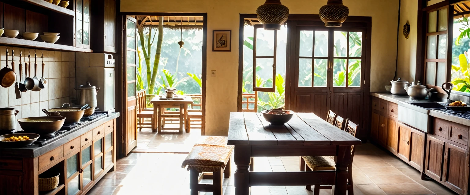 Landscape image of a cozy traditional Indonesian kitchen. The setting is filled with utensils and traditional decor. The bright morning sunlight streams through the window, illuminating the entire kitchen. To the left, there is a dining table with traditional Indonesian elements. The overall atmosphere is warm and inviting, with a rustic charm and cozy feel. The camera angle is wide and distant, capturing the entire scene clearly. (There sat a Muslim family, consisting of a father aged 43 years, 1 son 20 years old, 1 daughter 15 years old. they are eating breakfast), (image : idealistic, cinematic, 8K, details)