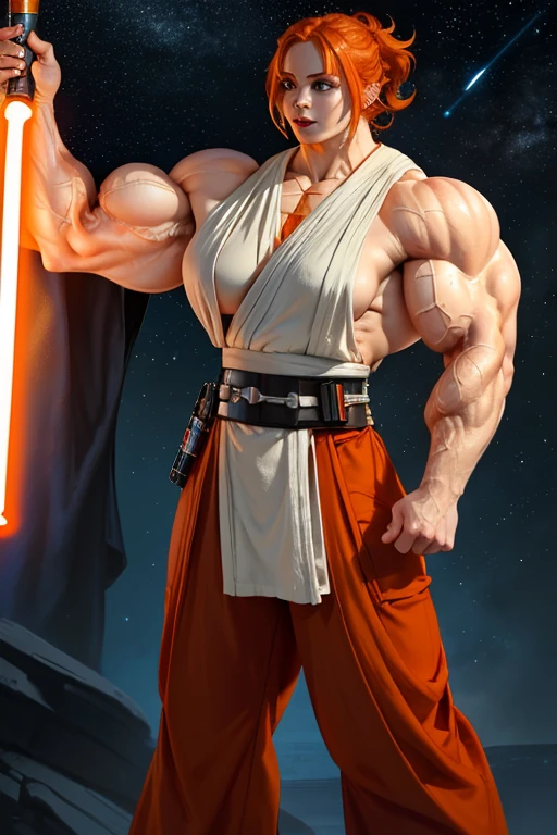 (((Massive, tall, beautiful, buff, muscular pale white skinned female Jedi with orange hair, black lipstick, ginormous bulky muscles, holding a lightsaber and wearing an all orange Jedi outfit and Jedi pants))), (close view), black eyeliner, massive muscles, massive biceps, hyper muscle triceps, (long shaggy hair), green eyes, Jedi boots, In space, Jedi outfit, Jedi pants, nighttime, confident smile, hyper muscles arms, hyper muscle legs, (ginormous arms)