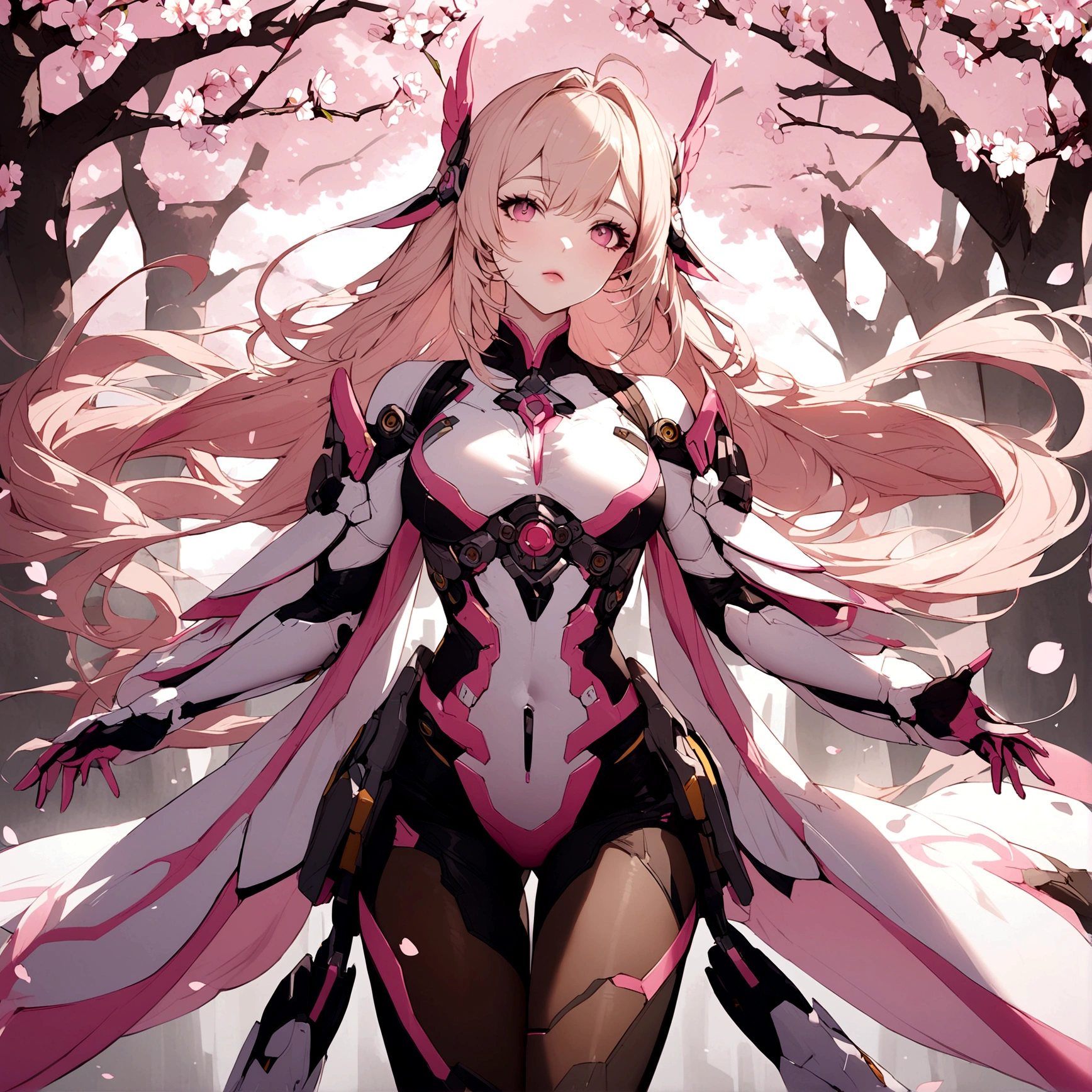 Pink mercy with long hair from overwatch surrounded by cherry blossoms in flight