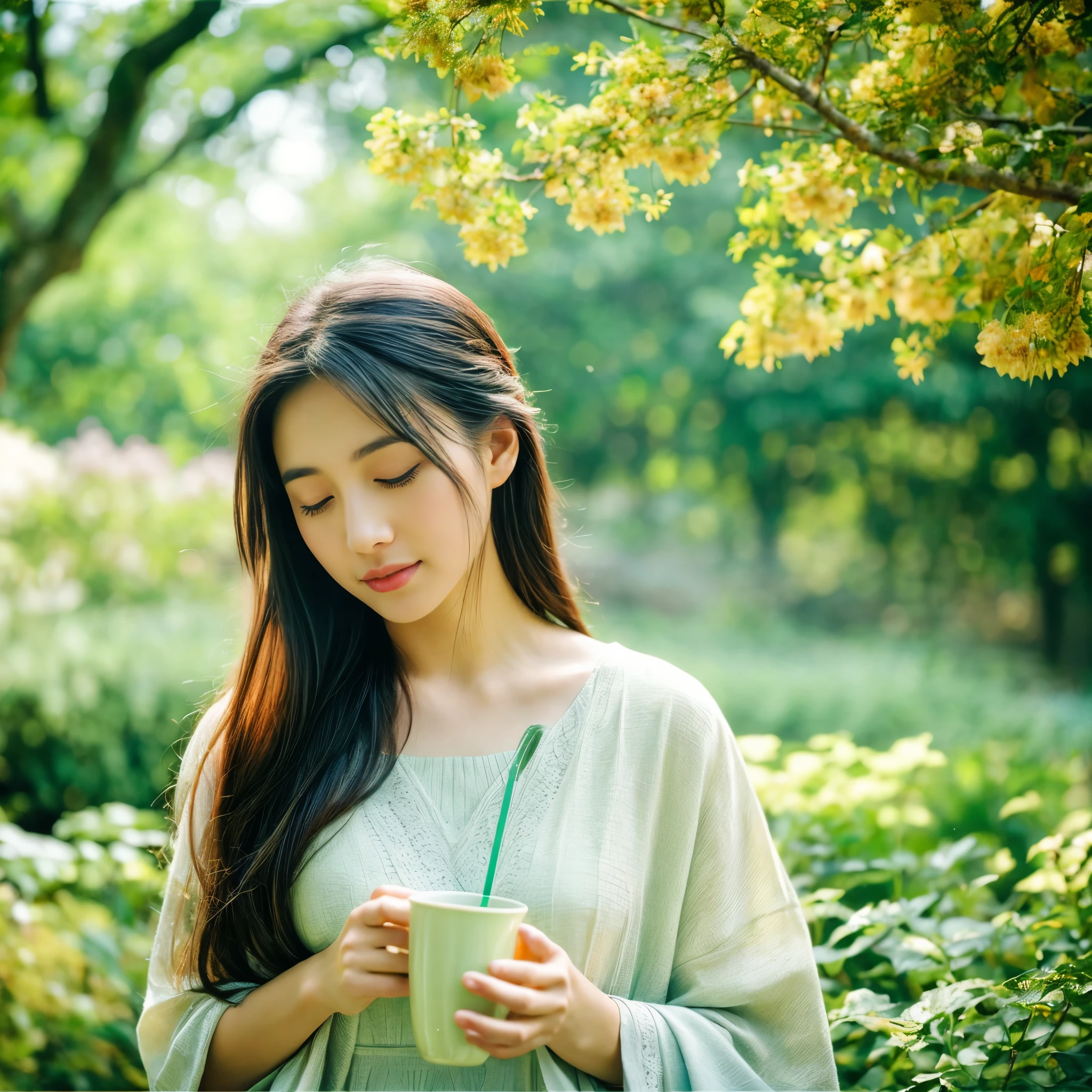 "A serene and tranquil garden scene away from the city's noise. A kind woman with a gentle expression tends to vibrant flowers. The garden is lush with greenery, colorful blooms, and a clear, flowing spring. A man with sorrow in his eyes sits by the spring, looking relieved as he drinks from it. The background features a wide, open sky symbolizing peace and hope. The atmosphere is calm and soothing, with warm, soft light filtering through the trees. The scene should convey healing, peace, and a sense of renewed hope."。 High resolution, masterpiece, Highest quality, Intricate details, Very detailed, Clear focus, Delicate skin, practical skin texture, texture, Delicate eyes, Professional, 4K, Shot with Canon, 85mm, Shallow and deep,  Kodak Vision Color, Exactly, Very detailed, photograph_\(Extremist\), photographpractical, practical, Post-processing, Maximum details, Roughness, Real Life, Extremist practical, Photorealism, photographgraphy, 8K Ultra HD, photographgraphy