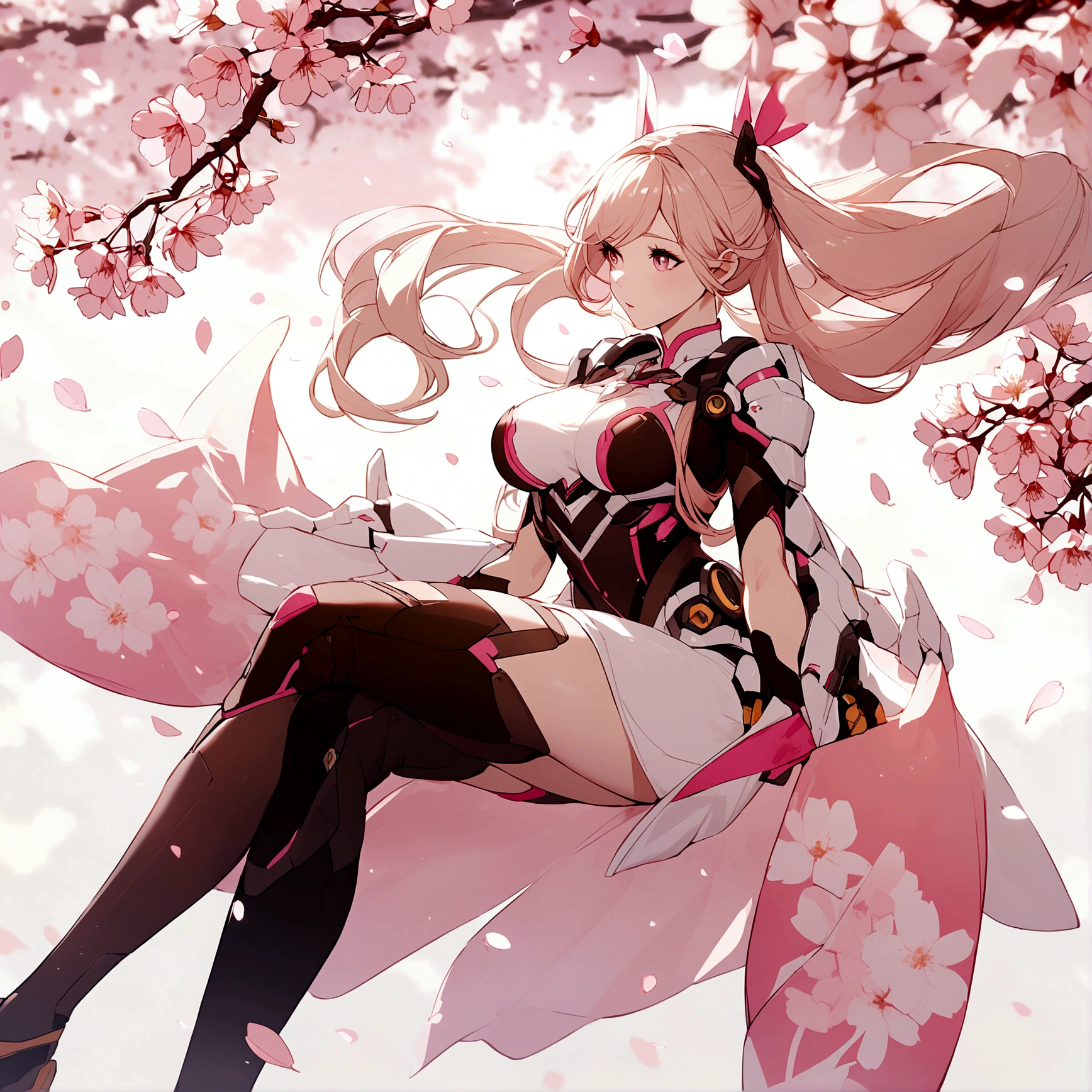 Pink mercy with long hair from overwatch surrounded by cherry blossoms in flight