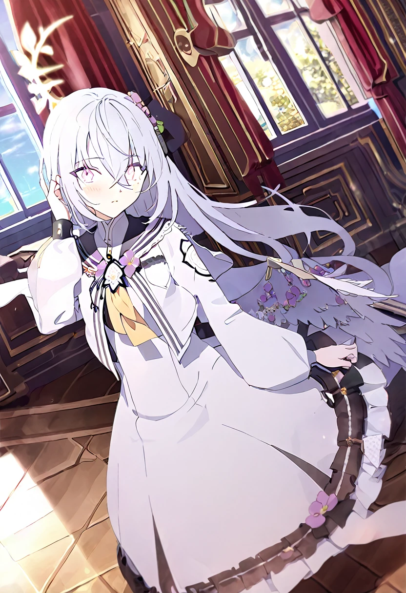 azusa \(blue archive\), 1girl blush closed_mouth curtains day dress flower grey_hair hair_between_eyes hair_flower hair_ornament halo indoors long_hair looking_at_viewer pink_eyes purple_flower solo white_dress window yellow_halo