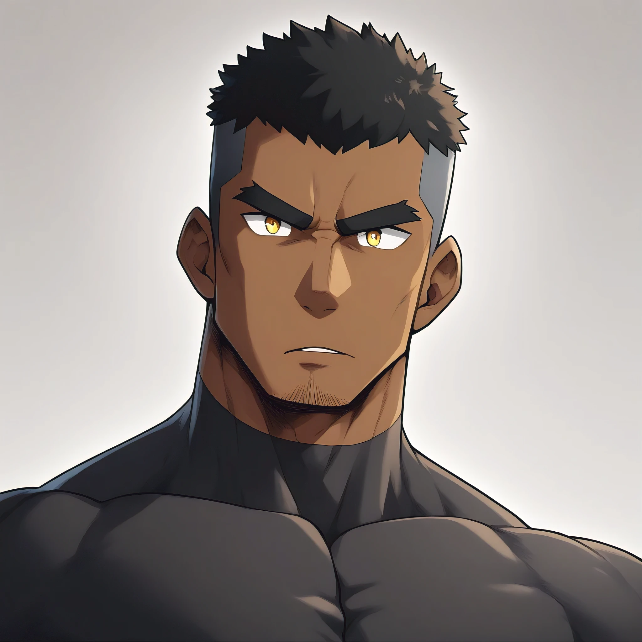 negro, negro, negro, anime characters:Gyee, Muscle Sports Student, negro black skin, 1 muscular tough guy, Manliness, male focus, Dark grey long sleeve tights, Very tight, The pectoral muscles are oversized, Slightly transparent, muscular male, muscular, only, Upper body, alone, Black short hair, Thick eyebrows, stubble, Yellow eyes, White background, simple background, amazing quality, best aesthetics, Ridiculous, bright pupils, crew cut, parted lips, v-shaped eyebrows, jitome, best quality