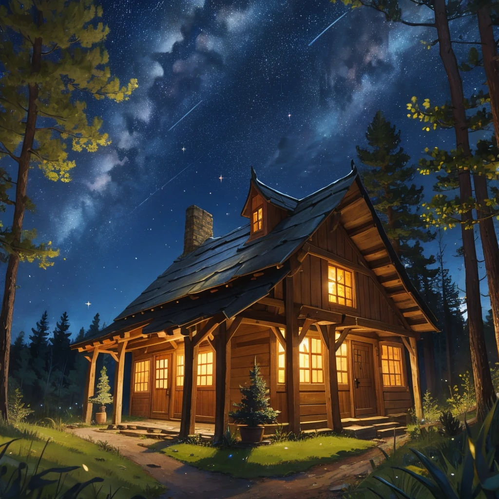 small medieval building in the forest at the starry night