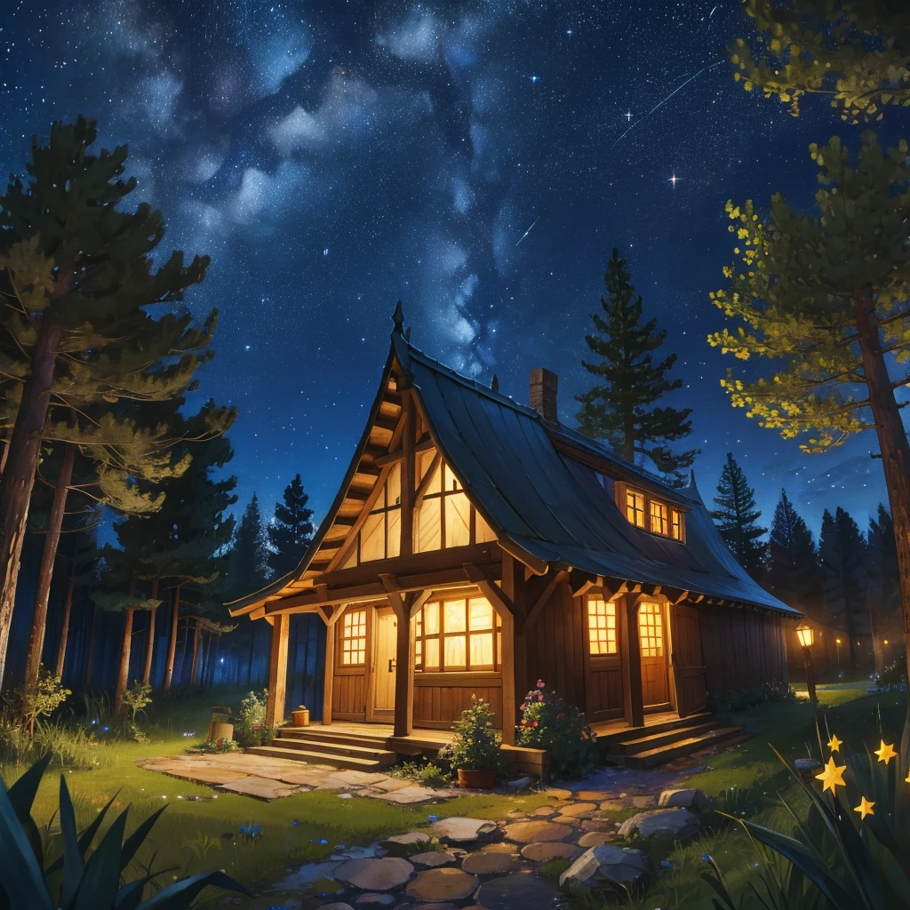 small medieval building in the forest at the starry night