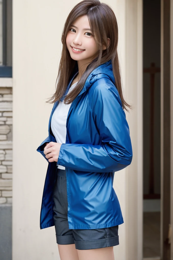 (a girl dancing in the rain with rain-boots and raincoat), 8K, of the highest quality, dancing, masterpiece:1.2), (smile:1.2), (joyful expression:1.0), (short pants:1.3), (Realistic, Photorealsitic:1.37), the highest quality, masterpiece, (wet street:0.4), wet, rain, ((blond hair)), Beautiful young woman, Pensive expression, charming, an inviting look, ((long hair)), dynamic posing, Cinematic background, Light skin tone,