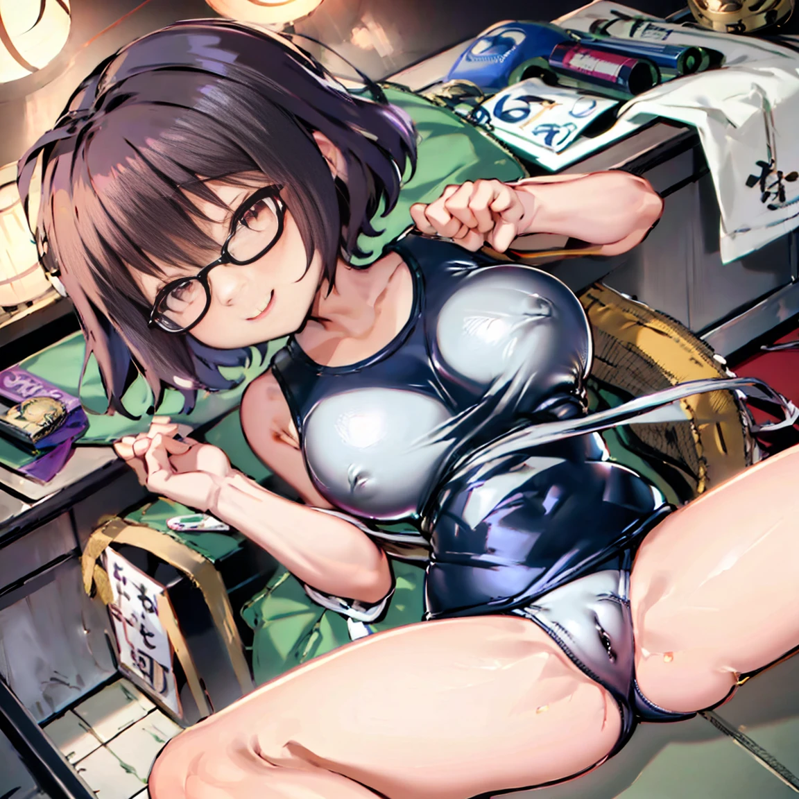 8k、masterpiece、Japanese、Woman wearing glasses、anise、from the front、smile、Childish、Big Breasts、Transparent school swimsuit、night、Bedroom、Spread your legs and show