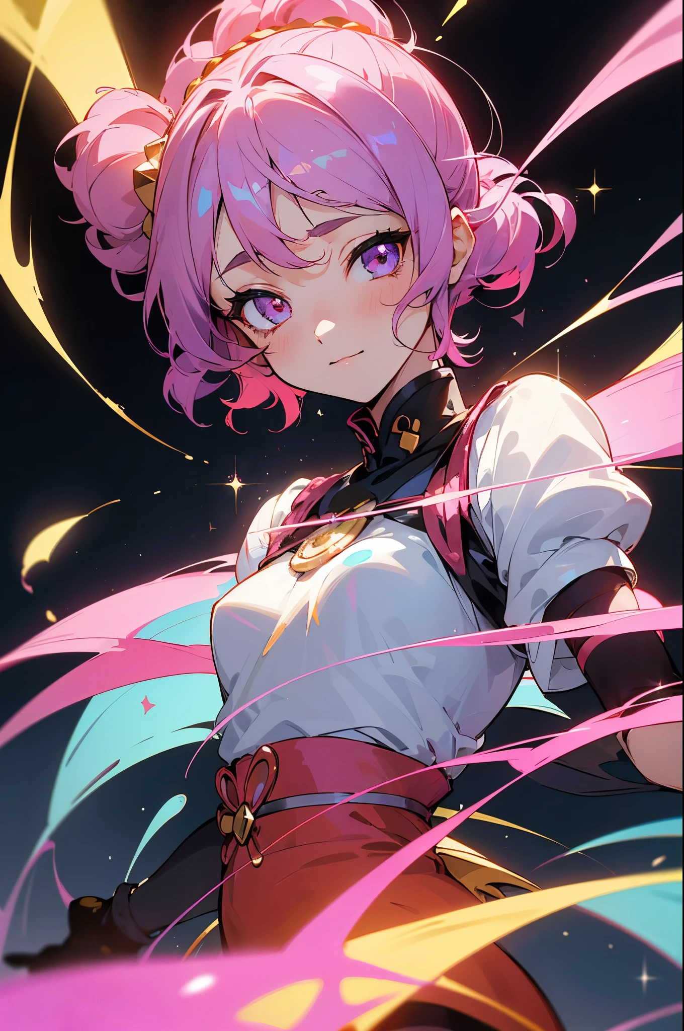 (((portraite of a))), (( in the style of Ichikawa Haruko)), The Land of Precious Stones, Original character, ((tmasterpiece)), (((beste-Qualit))), ((ultradetailed)), ((illustartion)), illustartion, 1 girl, Sad look, Majestic view (multi-colored hair, ((hair above one eye)), (navy blue hair), ((Hair gradient)), hair gradient from blue to pink, Hair color from blue to lilac, pink hair ends, without bangs, (Side bangs), curly curl on the cheek, hairstyle: high ponytail), The eyes are crimson-red, Environment change scene, wide eyes, Lashes, side glance, Crystal hair, Glowing Hair, shirt with collar, Additional lighting, uniform, tie, puffy short sleeves, Shorts, Smile, puffy short sleeves, Puffy armbands, Shirt, short sleeve, sparkle, Small flat chest, short tight shorts, black elbow-length gloves, black stockings, Black background, anime land of the lustrous, sparkle, ((Anime clothes "Land of Radiance")), gems, ((radiance, Lots of light)), sparkle of gemstone, Diamond shine