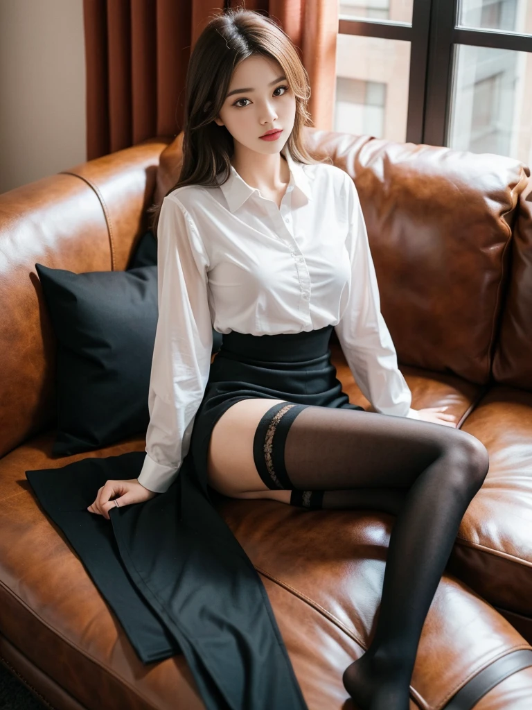 1girll,Sit on a comfortable sofa,Cross ed leg,Soft light，Black stockings，Wear a shirt，Professional Dress