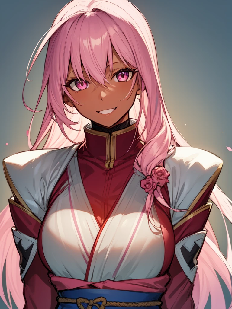 ((spiked hair)), ((long hair)), ((curvy body)), ((light pink hair)), ((pink eyes)), ((cheerful expression)), (shinobi clothing)), ((dark skin)), ((flowers)), ((complementary colors)), ((mature female)), 1girl, beautifully drawn, high resolution illustration, best quality, High definition, ((detailed anime sketch)), Masterpiece, (solo), absurdres, portrait, ((upper body)), detailed background, fine detail, female focus, HDR,
