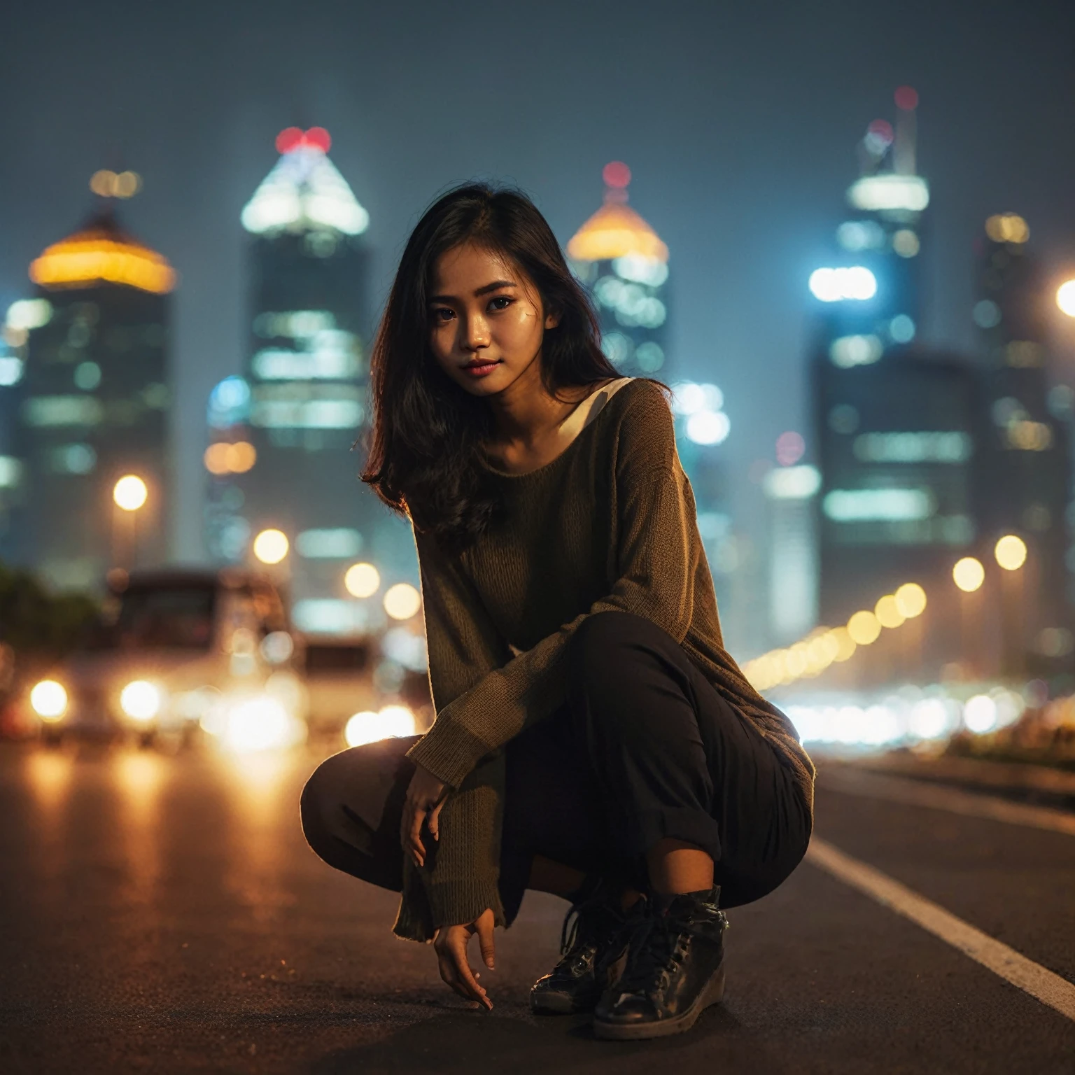 an Indonesian woman crouching down on the ground in front of a Jakarta city at night, gaze at the camera, shot in canon 50mm f/1.2, profile picture 1024px, soft bokeh on the foreground