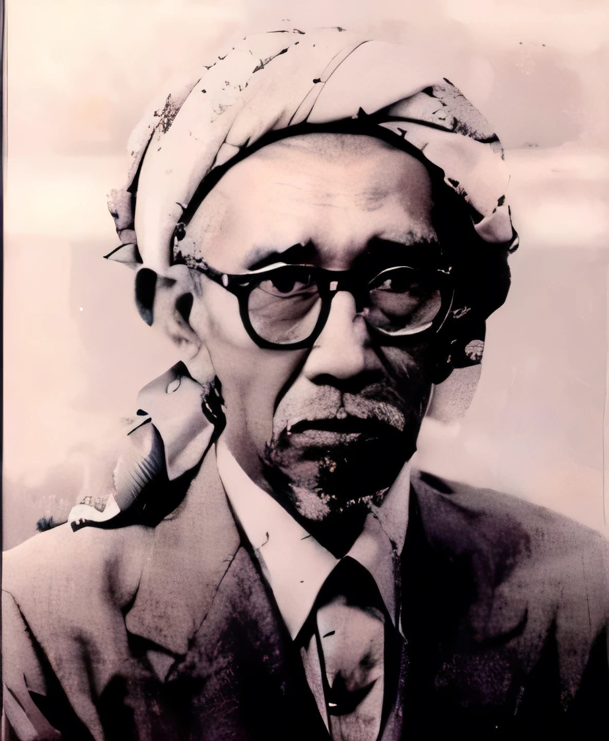 Indonesian Muslim man, wearing a turban, appropriate glasses, gray jacket, white shirt, 50 years old or above, brown skin
