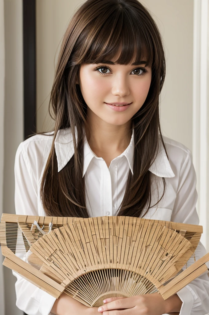 Girl white skin brown hair and bangs executive holding a fan made with clothespins 
