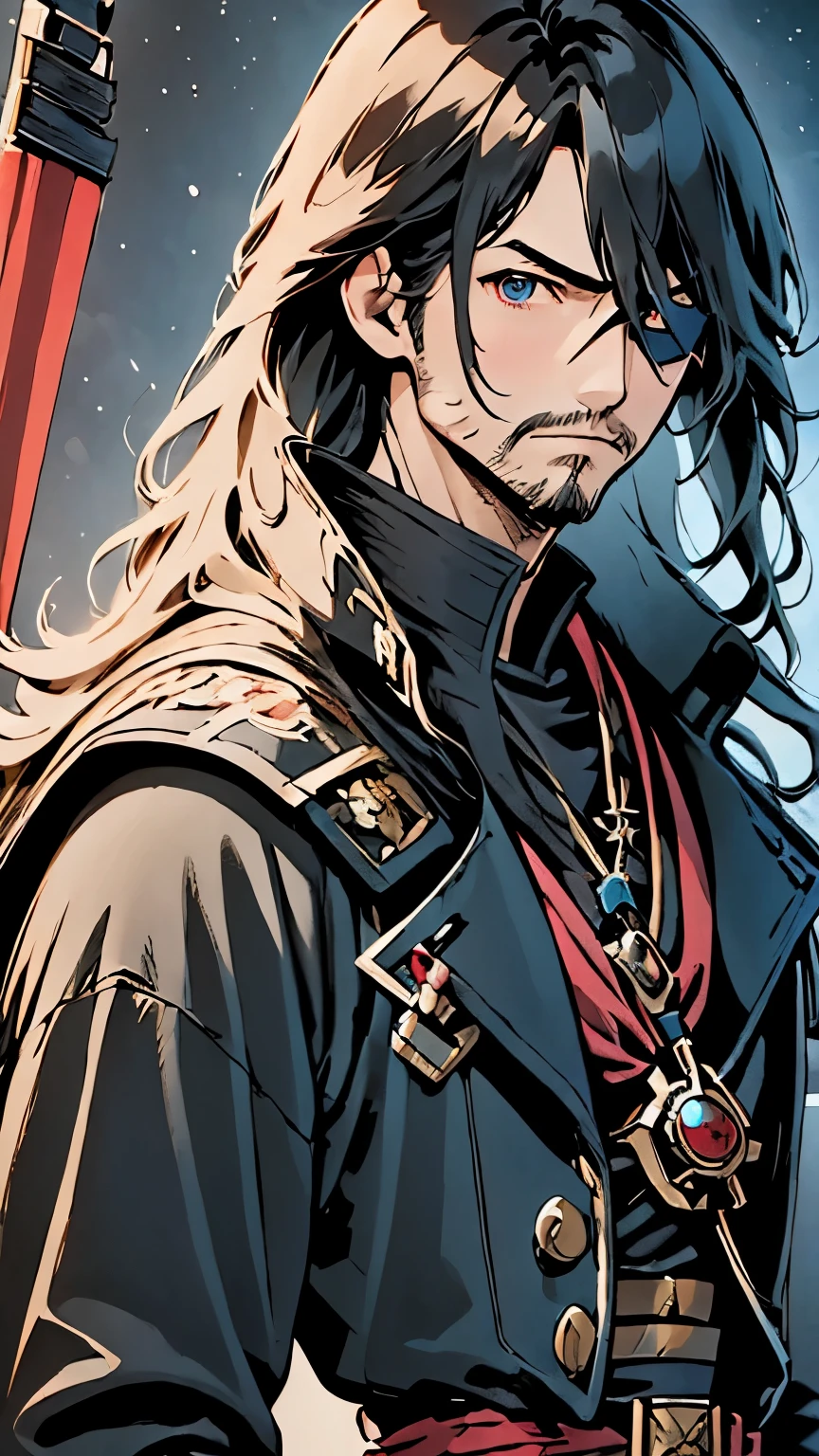 Highest quality、masterpiece、Captain Harlock、Space Pirates、Eye patch:1.7、ドクロのマークのEye patch、50Gentleman of years、Romance Gray Hair、Long Hair、Space Battle Cockpit、universe space、