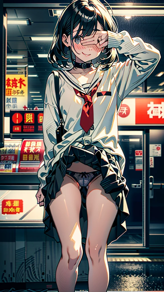 (8k, RAW Photos, 最high quality, masterpiece:1.2), high qualityのRAWカラー写真, Professional photo shoot, Cinematic Light, alone, (((young woman, Gal))), (Sharp features), (Small face), (Skin with attention to detail:1.2), clavicle, Cute face, Beautiful appearance, Long eyelashes,Girl Turning Around, smile, (Black Hair, Long straight line), high school student, Red tie, High 、White shirt, Check skirt, Night Park, Confident attitude, Capture the happy moment, Artistic painting,Attractive thighs, loose socks:1.2, sneakers:1.2, (A very fine touch:1.2), (はにかんだsmile), Peaceful atmosphere, Oil painting style, Dark colors, (Are standing:1.5, Inside a convenience store, Full body portrait), Smooth texture, Gazing Eyes, Beautiful Skin, Shiny skin, ((Perfect Fingers, Five Fingers, Anatomically correct)), Background Blur, high quality, Surreal, ((Very detailed, photo shoot)),(Skirt flip、I can see her panties),,(((Skirt flip、Sexy panties are in sight)))、A large number of people、blush、plump、night、深night、Hide your eyes with one hand