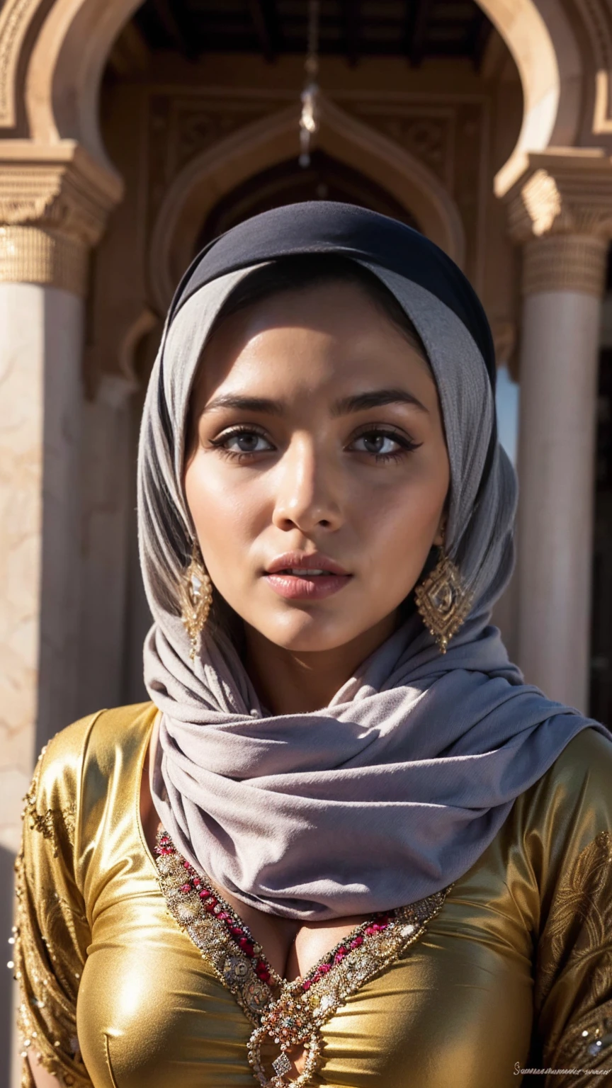 Moroccan Instagram girl, Brunnete, (Traditional respectful covered dress), (very loose head scarf showing curly hair), (Morrocan souk environment), masterpiece, best quality, highly detailed, (Beautiful and detailed eyes beautiful and detailed face), (Best Quality), (ultra-detailed), (masterpiece), (high resolution), (Original), ultra-realistic, epic realism.