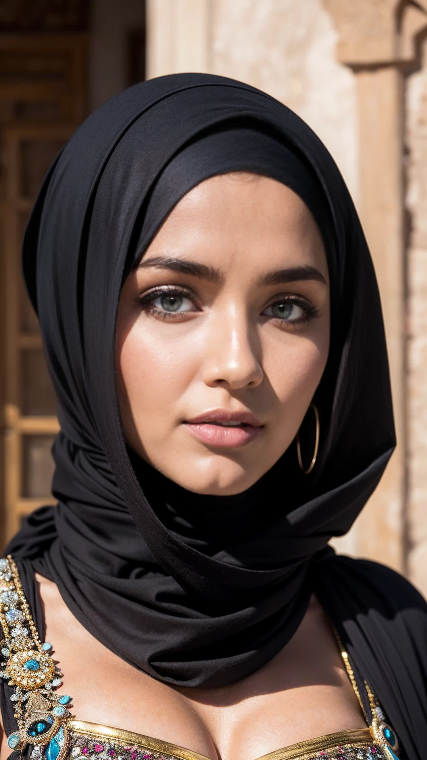 Moroccan Instagram girl, Brunnete, (Traditional respectful covered dress), (very loose head scarf showing curly hair), (Morrocan souk environment), masterpiece, best quality, highly detailed, (Beautiful and detailed eyes beautiful and detailed face), (Best Quality), (ultra-detailed), (masterpiece), (high resolution), (Original), ultra-realistic, epic realism.