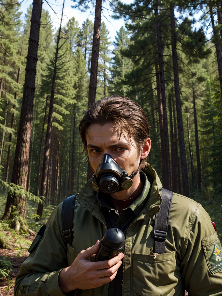 (best quality, masterpiece, highest detailed), (photorealistic:1.2), (detailed light:1.2), (Realistic skin texture:1.4), raw photo, upper body shot, a man in a khaki chemical protective suit, gasmask, in the middle of a burnt forest, looking at viewer, ((dead black forest)), radioactive ash flying from the sky, ((post-apocalysis)), World War III