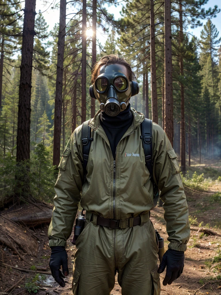 (best quality, masterpiece, highest detailed), (photorealistic:1.2), (detailed light:1.2), (Realistic skin texture:1.4), raw photo, upper body shot, a man in a khaki chemical protective suit, gasmask, in the middle of a burnt forest, looking at viewer, ((dead black forest)), radioactive ash flying from the sky, ((post-apocalysis)), World War III