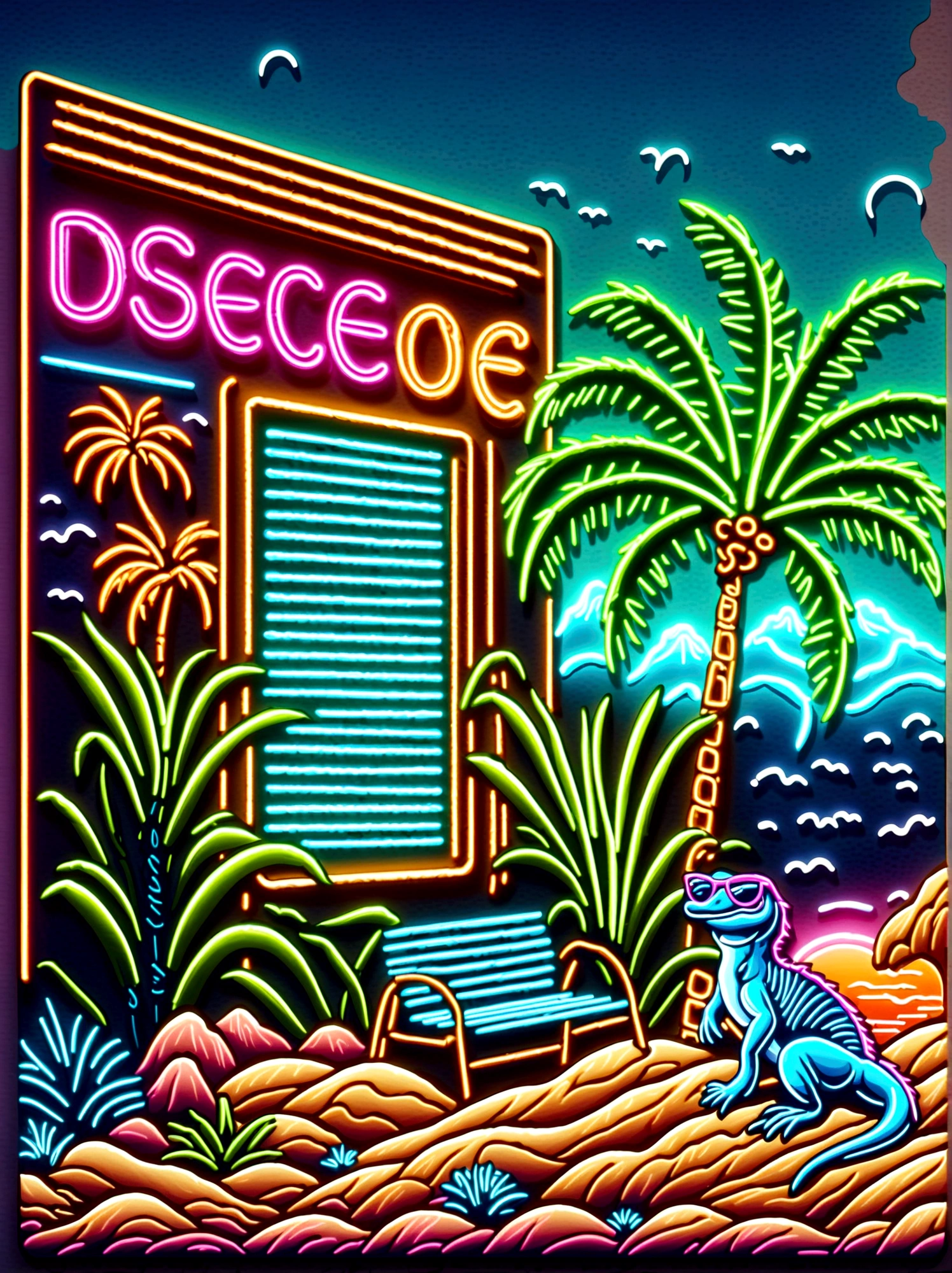 Neon，Shop sign，Desert Scene，Palm tree，dune，Cool lizard wearing sunglasses，发光的NeonShop sign，Ultra high saturation，Bright colors