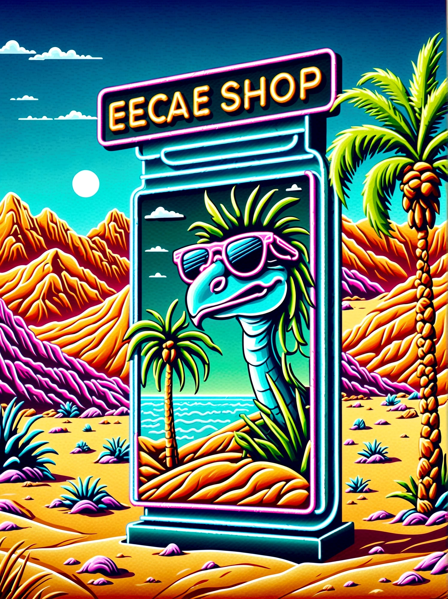 Neon,Shop sign,Desert Scene,Palm tree,dune,Cool lizard wearing sunglasses,发光的NeonShop sign,Ultra high saturation,Bright colors