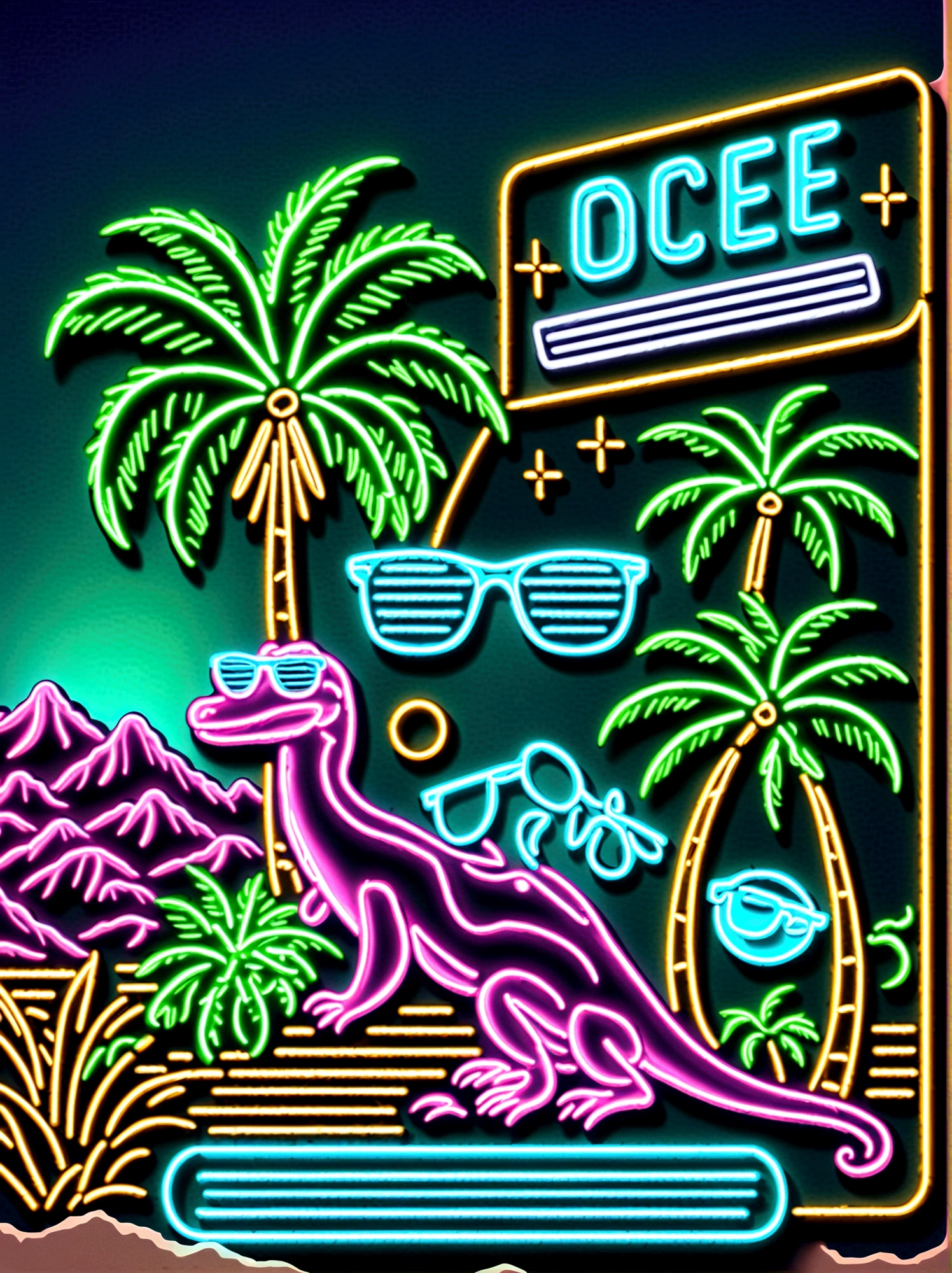 Neon，Shop sign，Desert Scene，Palm tree，dune，Cool lizard wearing sunglasses，发光的NeonShop sign，Ultra high saturation，Bright colors