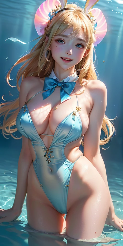 masterpiece, best quality, extremely detailed CG unity 8k wallpaper,((Upper Body)) ,((Upper Body head close-up shot of a beautiful )), , Elegant Long straight blonde hair, (Mckenna Grace), ((gigantic breasts,thighs,Autoluminescence skin)), (sliver-blue) golden (Glittering tutu,long Bunny Ear Headgear, , Bow-tie, No panties, genitals visible), ((spread legs)),(), (Blush), , (seductive smile), (Underwater World), pretty face, key art, award winning, intricate detail realism hdr, by (ruan jia and artgerm and range murata), Photorealism, Hyperrealism, ultra realistic, dramatic light, intense shadows, gorgeous view, depth of field