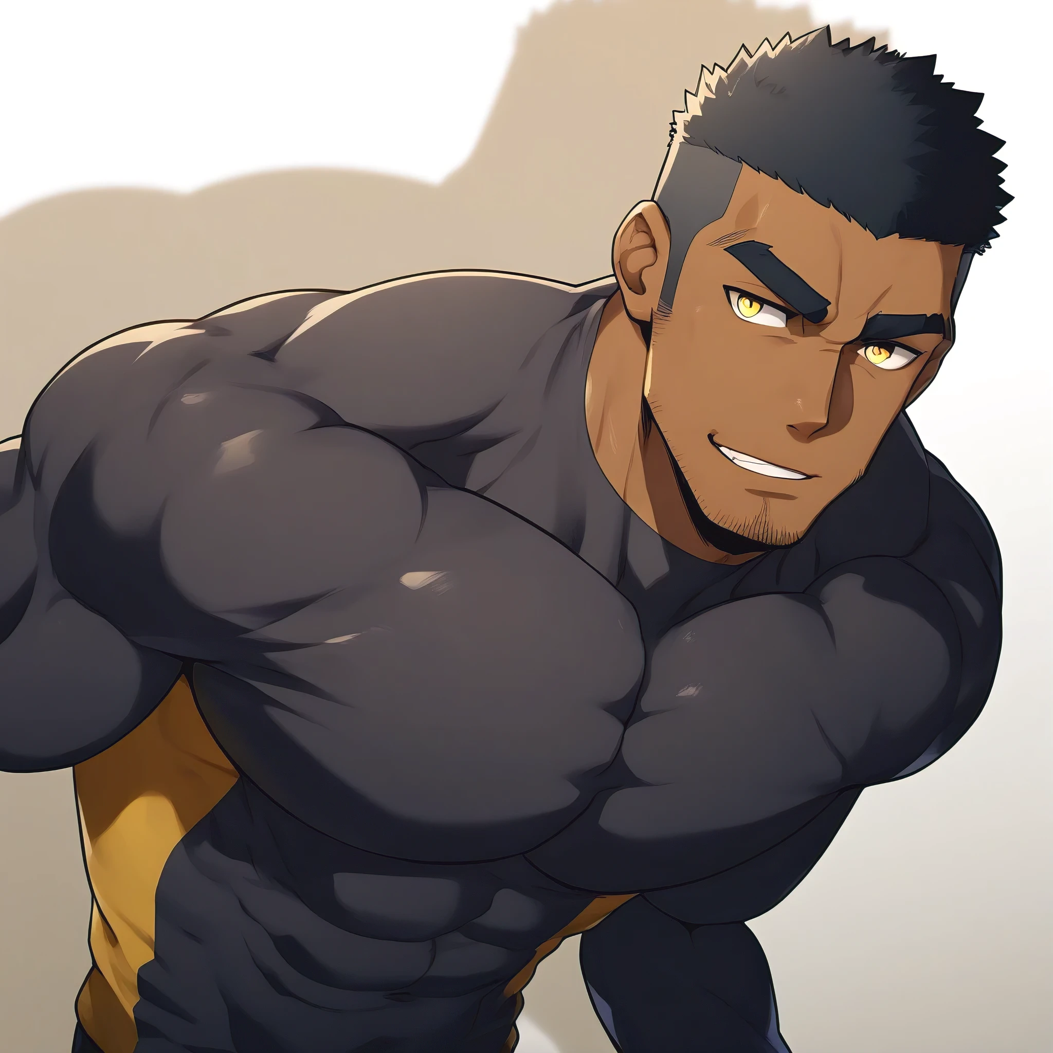 negro, negro, negro, anime characters：Gyee, Muscle Sports Student, negro black skin, 1 muscular tough guy, Manliness, male focus, Dark grey and Yellow long sleeve tights, Very tight, The pectoral muscles are oversized, Slightly transparent, muscular male, muscular, only, Upper body, alone, Black short hair, Thick eyebrows, stubble, Yellow eyes, White background, simple background, amazing quality, best aesthetics, Ridiculous, bright pupils, crew cut, parted lips, seductive smile, torogao, naughty face, drop shadow, best quality