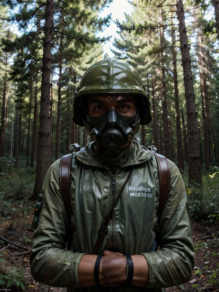 (best quality, masterpiece, highest detailed), (photorealistic:1.2), (detailed light:1.2), (Realistic skin texture:1.4), raw photo, upper body shot, a man in a khaki chemical protective suit, gasmask, in the middle of a burnt forest, looking at viewer, ((dead black forest)),  radioactive ash flying from the sky, ((post-apocalysis)), World War III