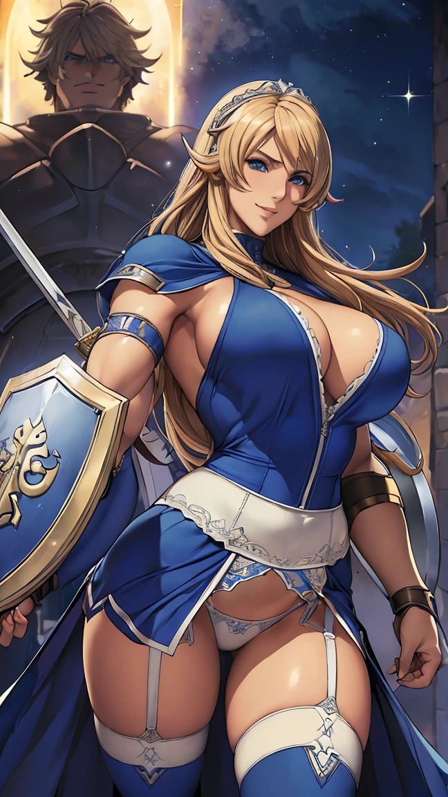 Sensual, Long blonde hair, Thick thighs, 8k, 4K, Highest quality, (High resolution:1.6), Cute anime face, Noise Reduction, (Sparkling blue eyes, A kind smile:1.3, Kind eyes:1.3)、Toned Abs, Muscular arms, Muscular legs, Young Face, Anime Eyes, Sophitia Alexandra、(Sword in right hand:1.5)、(Equipped with a shield on the left arm:1.5)、(SFW Giant:1.9)、(Beautiful Nose:1.5)、Long tights、Knee-high boots、(garter belt:1.5)、Beautiful Hands、Beautiful fingers、(High-cut T-back:1.5)
