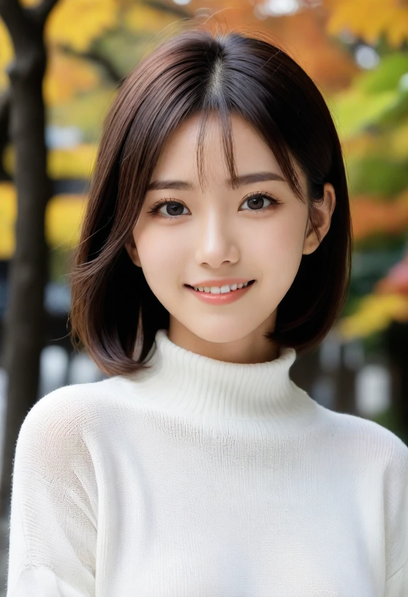 8k, Ultra-high resolution, Highest quality, masterpiece, 三分割法によるphotograph,Surreal, photograph, 1 girl, (:1.3), pretty girl, Cute face, Beautiful eyes in every detail, 細かくdetailedに,masterpiece,, One Girl:1.2, Japan Female Announcer,whole body,Young Wife,Urban area,street tree,The arrival of autumn,Turtleneck sweater,A scene in mini length,Full of cleanliness,A carefree smile,Healing the heart,Short Bob,Looking at the audience、beauty,Long neck、Laugh a little、Please close your mouth and laugh、(((Ideal body type))),A-cup small breasts :2,、Portraiture:2、Perfect Anatomy、鮮明なdetailed、detailed、Surreal、Light and shadow,Strong light
