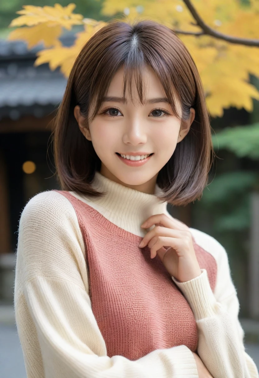 8k, Ultra-high resolution, Highest quality, masterpiece, 三分割法によるphotograph,Surreal, photograph, 1 girl, (16 years old:1.3), pretty girl, Cute face, Beautiful eyes in every detail, 細かくdetailedに,masterpiece,, One Girl:1.2, Japan Female Announcer,whole body,Young Wife,Urban area,street tree,The arrival of autumn,Turtleneck sweater,A scene in mini length,Full of cleanliness,A carefree smile,Healing the heart,Short Bob,Looking at the audience、beauty,Long neck、Laugh a little、Please close your mouth and laugh、(((Ideal body type))),A-cup small breasts :2,、Portraiture:2、Perfect Anatomy、鮮明なdetailed、detailed、Surreal、Light and shadow,Strong light 