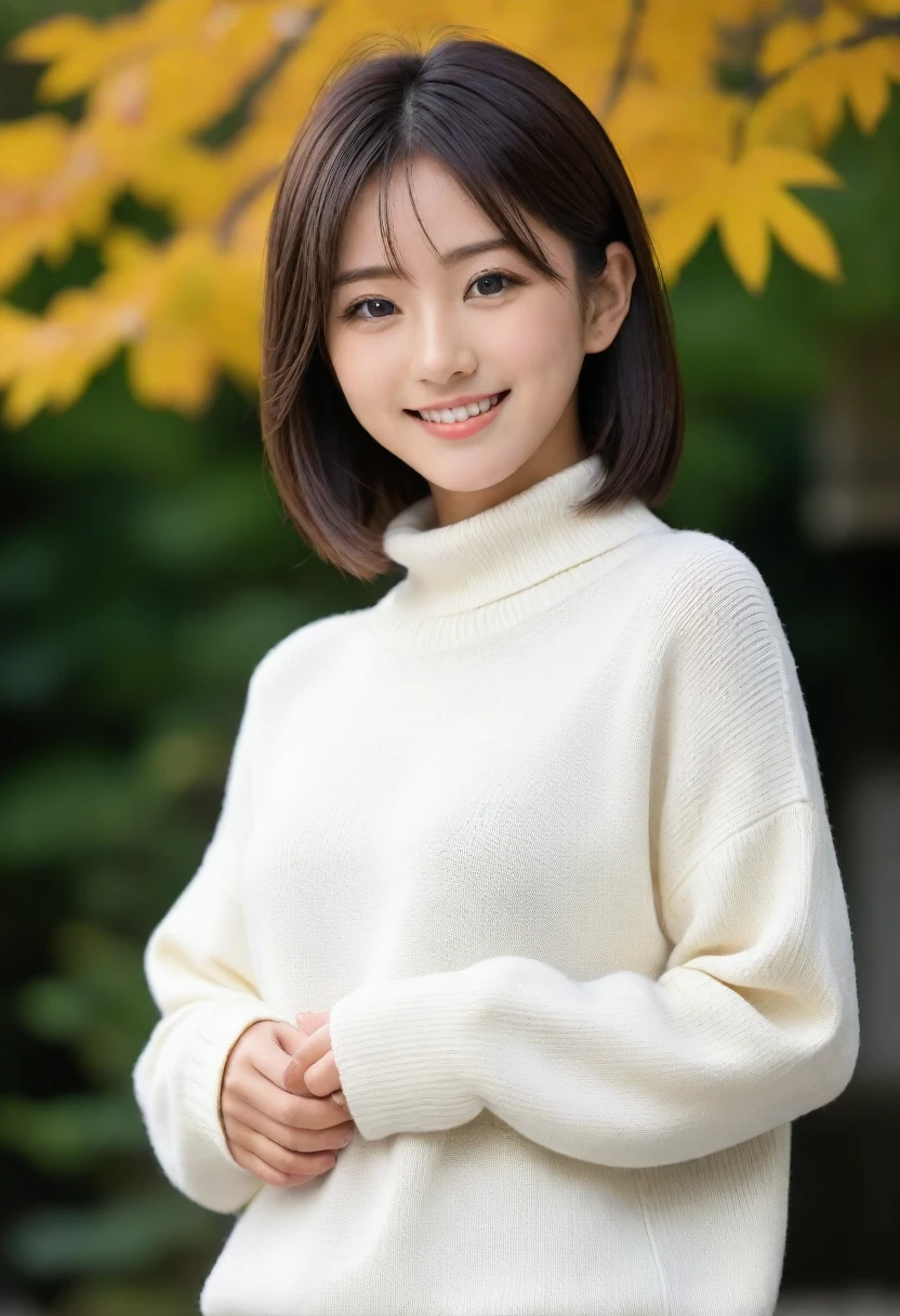8k, Ultra-high resolution, Highest quality, masterpiece, 三分割法によるphotograph,Surreal, photograph, 1 girl, (:1.3), pretty girl, Cute face, Beautiful eyes in every detail, 細かくdetailedに,masterpiece,, One Girl:1.2, Japan Female Announcer,whole body,Young Wife,Urban area,street tree,The arrival of autumn,Turtleneck sweater,A scene in mini length,Full of cleanliness,A carefree smile,Healing the heart,Short Bob,Looking at the audience、beauty,Long neck、Laugh a little、Please close your mouth and laugh、(((Ideal body type))),A-cup small breasts :2,、Portraiture:2、Perfect Anatomy、鮮明なdetailed、detailed、Surreal、Light and shadow,Strong light