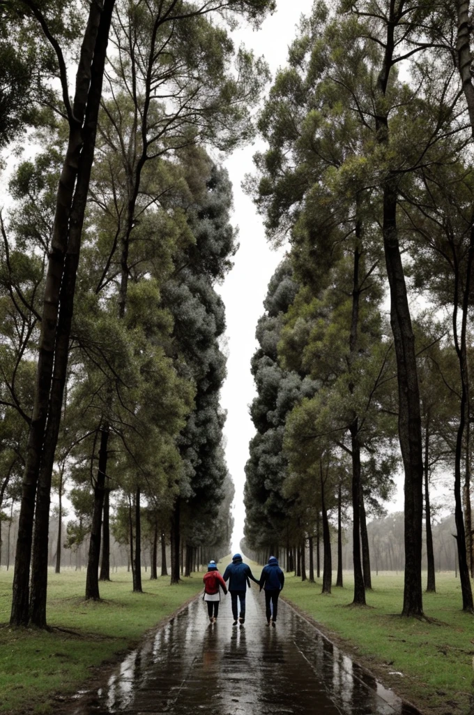 Un padre caminando con su familia en un sendero, que todo sea color blanco y negro por un bosque negro mientras llueve