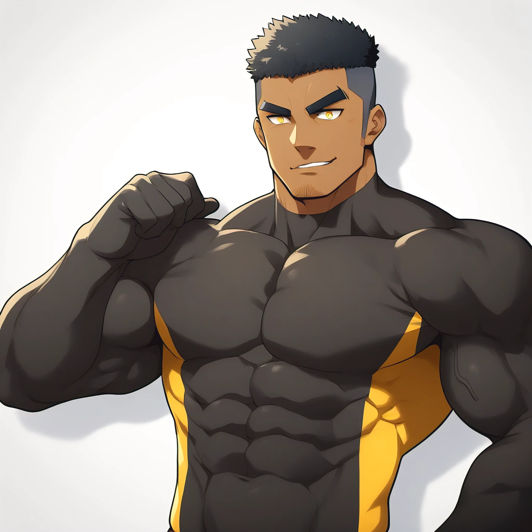 negro, negro, negro, anime characters：Gyee, Muscle Sports Student, negro black skin, 1 muscular tough guy, Manliness, male focus, Dark grey and Yellow long sleeve tights, Very tight, The pectoral muscles are oversized, Slightly transparent, muscular male, muscular, only, Upper body, alone, Black short hair, Thick eyebrows, stubble, Yellow eyes, White background, simple background, amazing quality, best aesthetics, Ridiculous, bright pupils, crew cut, parted lips, seductive smile, torogao, naughty face, drop shadow, best quality