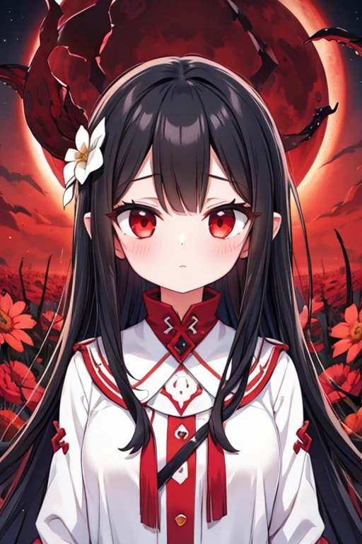Girl, black hair, forehead exposed, black and red tentacles, white flowerfield, blood moon