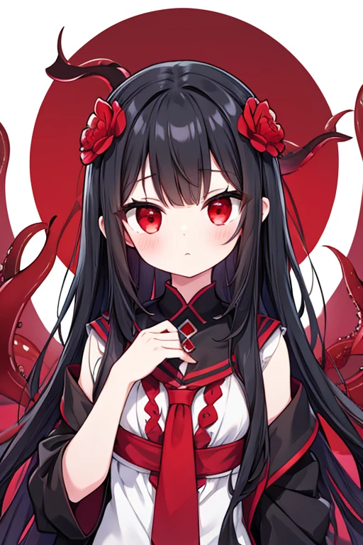 Girl, black hair, forehead exposed, black and red tentacles, white flowerfield, blood moon