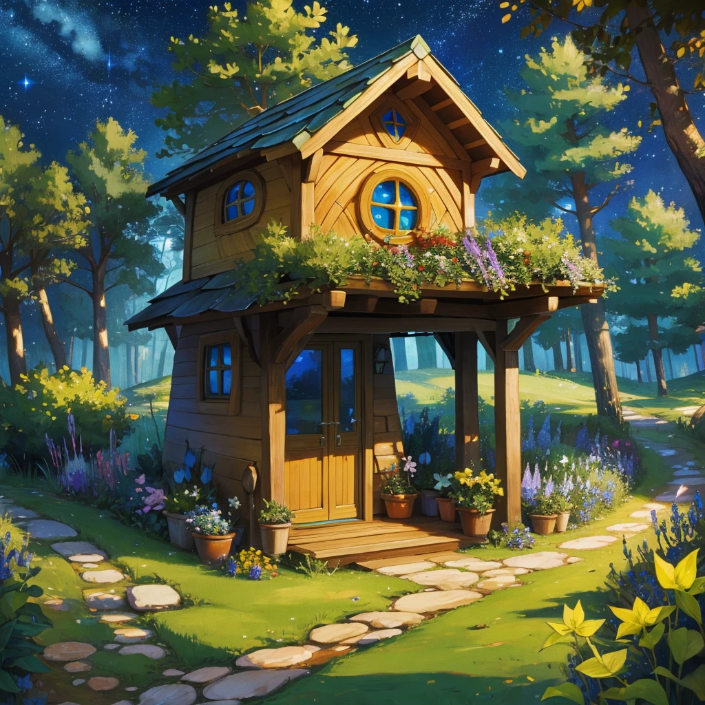 small hobbit house in the forest at the starry night