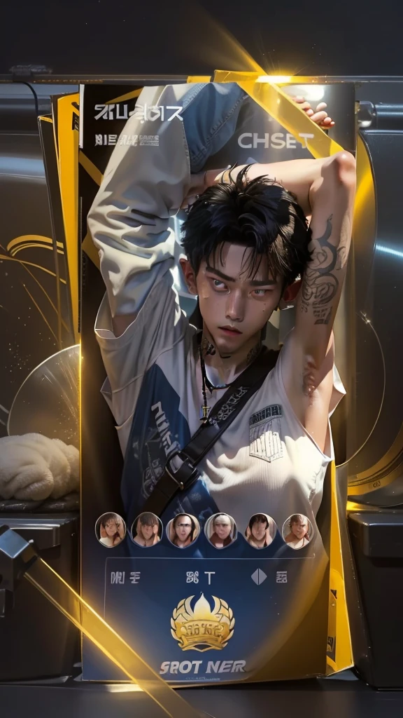 hight resolution、realisitic、realistic、A hyper-realistic、(showing armpit:1.4), 17-year-old Korean、Male Idol、male, Black hair permed hair、Light blue eyes、fair white skin、Tattoo on the nape of the neck、numerous piercings in the ears、Alone、Upper body photo、Sweating、Dancing、white t-shirts、Cross Necklace
