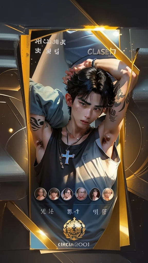 hight resolution、realisitic、realistic、A hyper-realistic、(showing armpit:1.4), 17-year-old Korean、Male Idol、male, Black hair permed hair、Light blue eyes、fair white skin、Tattoo on the nape of the neck、numerous piercings in the ears、Alone、Upper body photo、Sweating、Dancing、white t-shirts、Cross Necklace