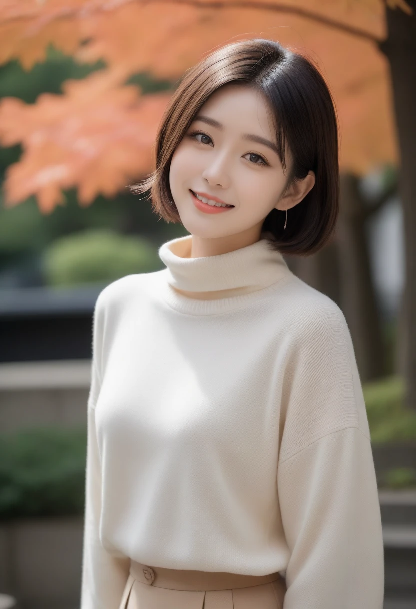 8k, Ultra-high resolution, Highest quality, masterpiece, 三分割法によるphotograph,Surreal, photograph, 1 girl, (:1.3), pretty girl, Cute face, Beautiful eyes in every detail, 細かくdetailedに,masterpiece,, One Girl:1.2, Japan Female Announcer,whole body,Young Wife,Urban area,street tree,The arrival of autumn,Turtleneck sweater,A scene in mini length,Full of cleanliness,A carefree smile,Healing the heart,Short Bob,Looking at the audience、beauty,Long neck、Laugh a little、Please close your mouth and laugh、(((Ideal body type))),A-cup small breasts :2,、Portraiture:2、Perfect Anatomy、鮮明なdetailed、detailed、Surreal、Light and shadow,Strong light