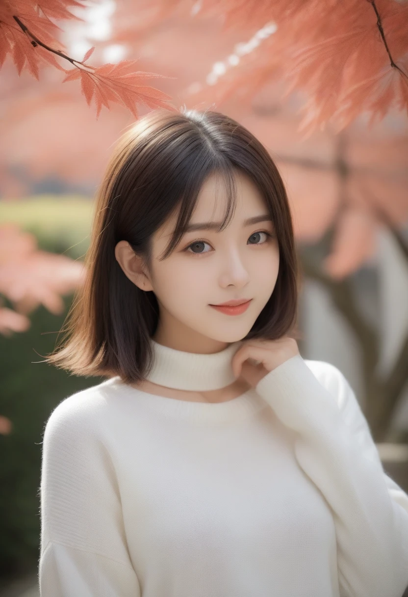 8k, Ultra-high resolution, Highest quality, masterpiece, 三分割法によるphotograph,Surreal, photograph, 1 girl, (16 years old:1.3), pretty girl, Cute face, Beautiful eyes in every detail, 細かくdetailedに,masterpiece,, One Girl:1.2, Japan Female Announcer,whole body,Young Wife,Urban area,street tree,The arrival of autumn,Turtleneck sweater,A scene in mini length,Full of cleanliness,A carefree smile,Healing the heart,Short Bob,Looking at the audience、beauty,Long neck、Laugh a little、Please close your mouth and laugh、(((Ideal body type))),A-cup small breasts :2,、Portraiture:2、Perfect Anatomy、鮮明なdetailed、detailed、Surreal、Light and shadow,Strong light