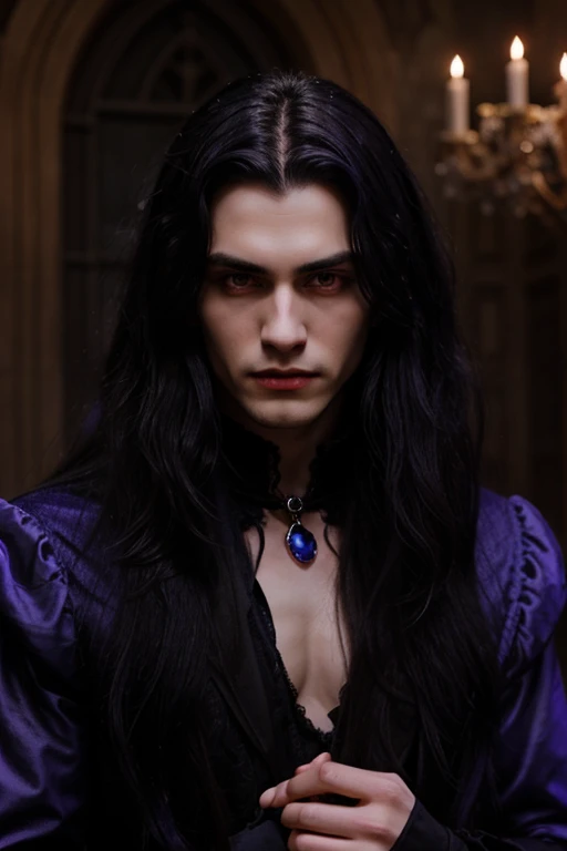 Lovely young handsome hetero Man Jinx Edward vampire with big indigo-eyes and gems and long black hair, with nice and delicate face, in a dark gothic magic castle with annie and claudia and Lestat