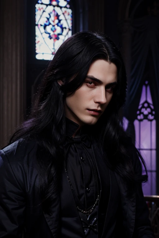 Lovely young handsome hetero Man Jinx Edward vampire with big indigo-eyes and gems and long black hair, with nice and delicate face, in a dark gothic magic castle with annie and claudia and Lestat