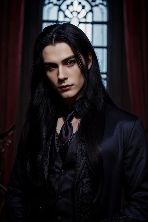 Lovely young handsome hetero Man Jinx Edward vampire with big indigo-eyes and gems and long black hair, with nice and delicate face, in a dark gothic magic castle with annie and claudia and Lestat