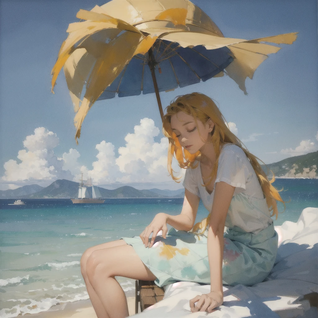 Tranquil voyager girl, Surrealism, Paint in watercolor style, Photorealism, discreet golden and ruby and mint shades