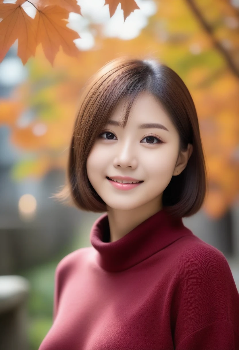 8k, Ultra-high resolution, Highest quality, masterpiece, 三分割法によるphotograph,Surreal, photograph, 1 girl, (16 years old:1.3), pretty girl, Cute face, Beautiful eyes in every detail, 細かくdetailedに,masterpiece,, One Girl:1.2, Japan Female Announcer,whole body,Young Wife,Urban area,street tree,The arrival of autumn,Turtleneck sweater,A scene in mini length,Full of cleanliness,A carefree smile,Healing the heart,Short Bob,Looking at the audience、beauty,Long neck、Laugh a little、Please close your mouth and laugh、(((Ideal body type))),A-cup small breasts :2,、Portraiture:2、Perfect Anatomy、鮮明なdetailed、detailed、Surreal、Light and shadow,Strong light