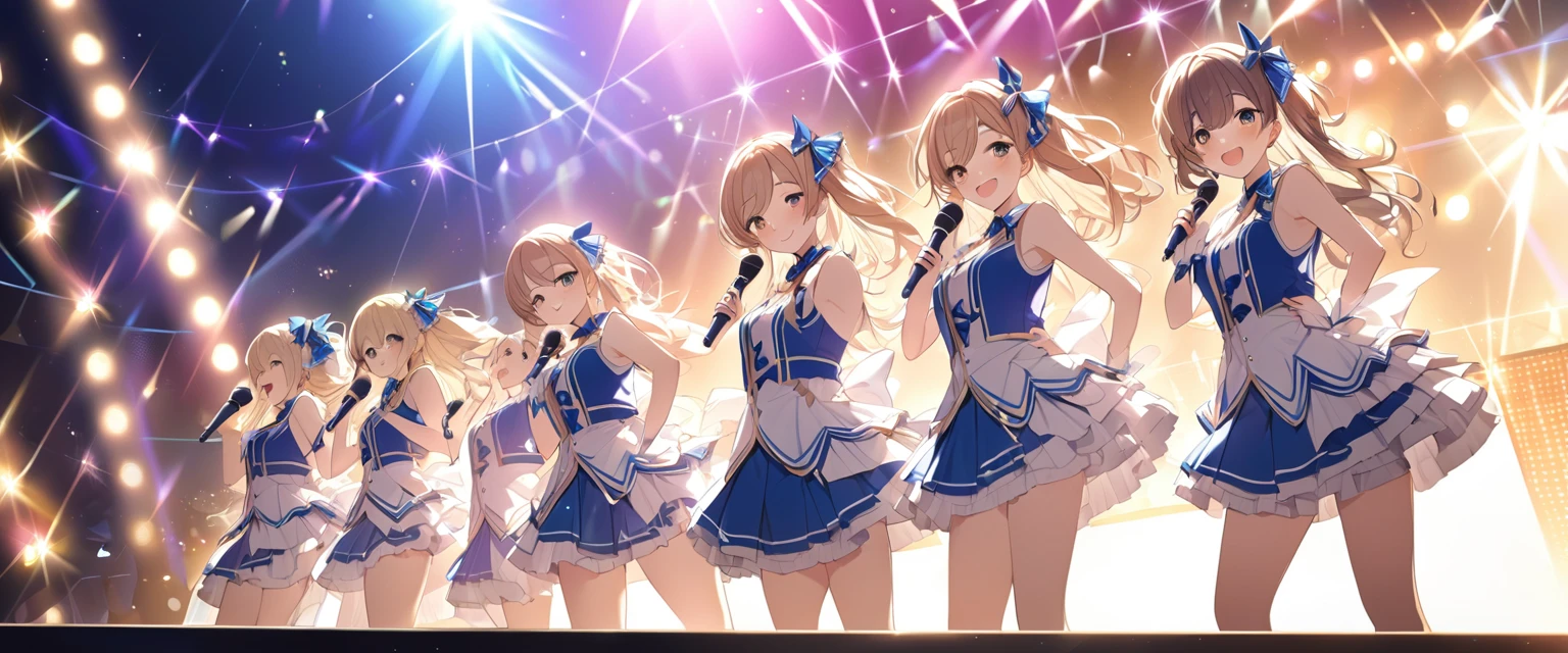 (Highest quality、Very detailed、Very detailed and beautiful、Ultra-high resolution) 、A five-member idol group、5 girls、Live Stage、Glittering lighting、Sing and dance、Idol Costumes、cute、Close-up、Idol Master