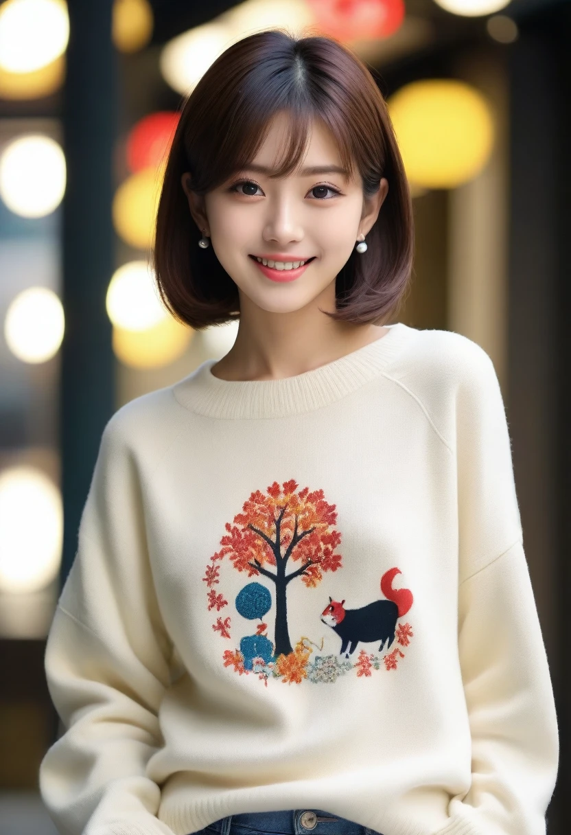 8k, Ultra-high resolution, Highest quality, masterpiece, 三分割法によるphotograph,Surreal, photograph, 1 girl, (:1.3), pretty girl, Cute face, Beautiful eyes in every detail, 細かくdetailedに,masterpiece,, One Girl:1.2, Japan Female Announcer,whole body,Young Wife,Urban area,street tree,The arrival of autumn,Turtleneck sweater,A scene in mini length,Full of cleanliness,A carefree smile,Healing the heart,Short Bob,Looking at the audience、beauty,Long neck、Laugh a little、Please close your mouth and laugh、(((Ideal body type))),A-cup small breasts :2,、Portraiture:2、Perfect Anatomy、鮮明なdetailed、detailed、Surreal、Light and shadow,Strong light